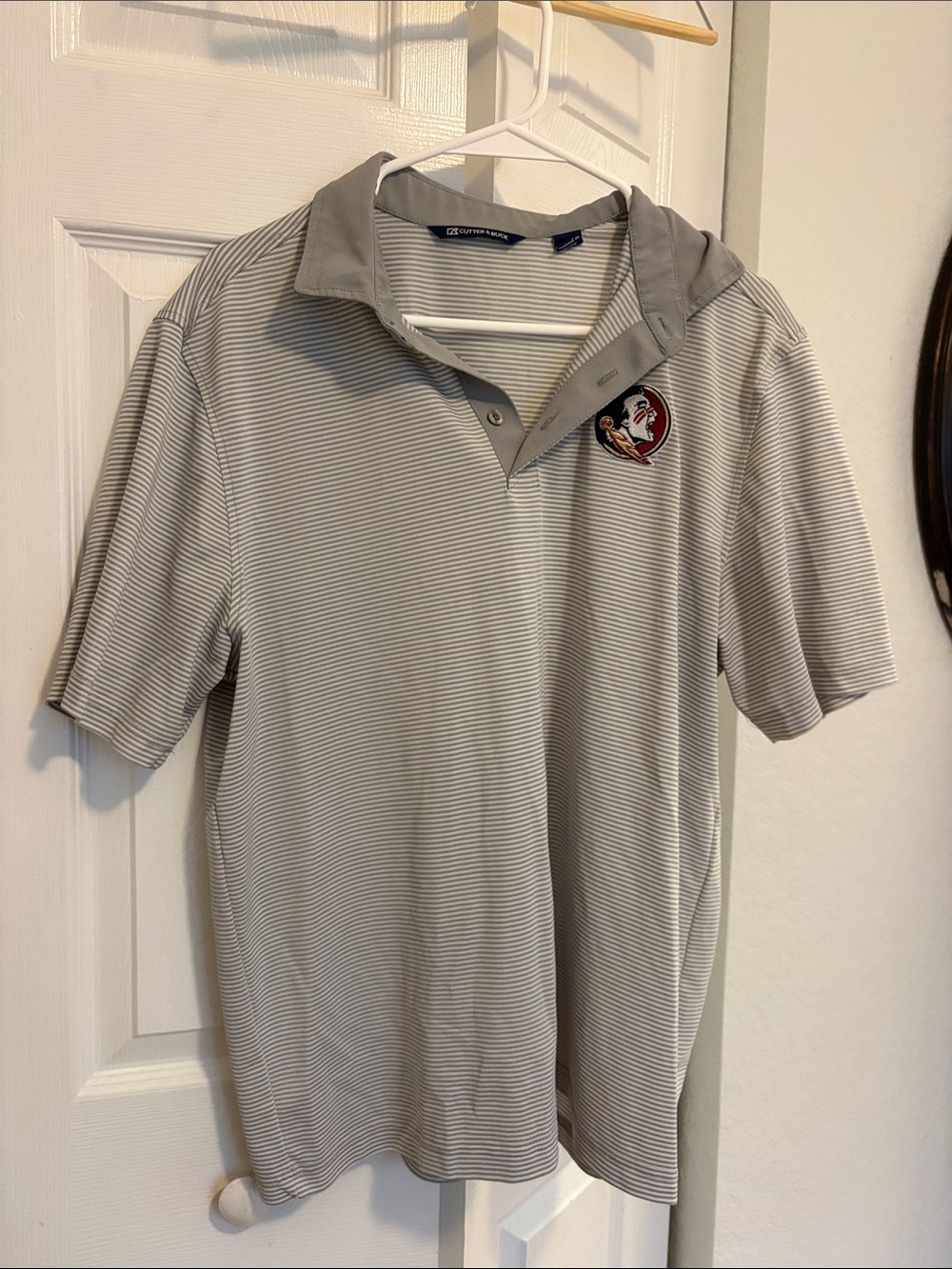 FSU Cutter & Buck Light Gray Striped Polo with Embroidered Patch